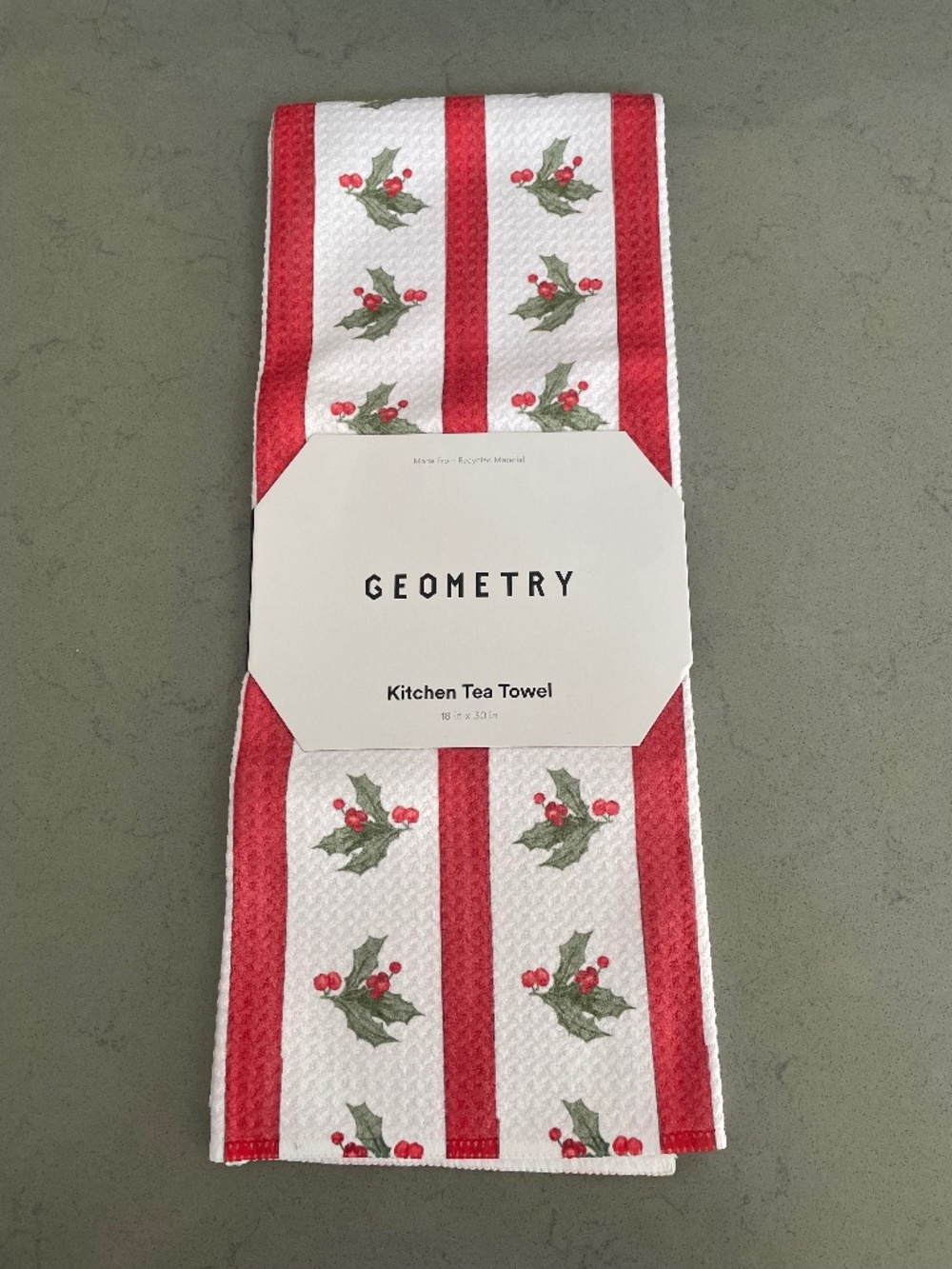 Geometry Kitchen Tea Towel- Christmas Holly Stripe Made from Recycled Material